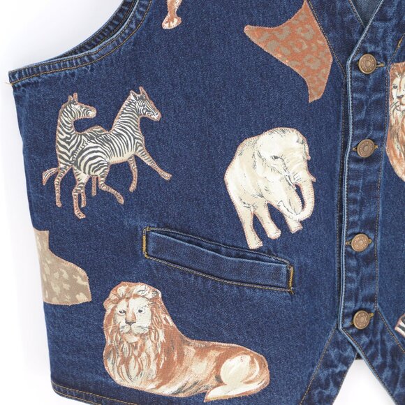 Upcycled Reworked Denim Vest Jacket Animal Safari Print Size XL - Picture 8 of 9